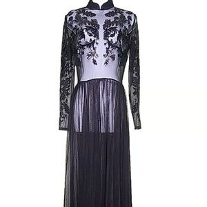 House of CB Sheer Tulle Maxi Sequin Dress M Black Floral Long Sleeve Goth Formal